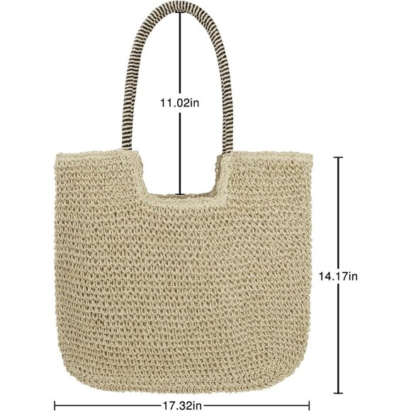 Women's B-beige Large Straw Beach Bag Handmade Woven Shoulder Hobo Tote Handbag - Picture 3 of 5